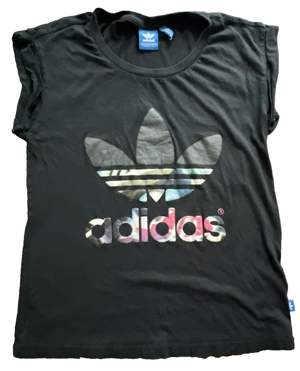 Women's Adidas Trefoil T-Shirt Black Graphic Logo Casual Cap Roll Sleeve Tee XS